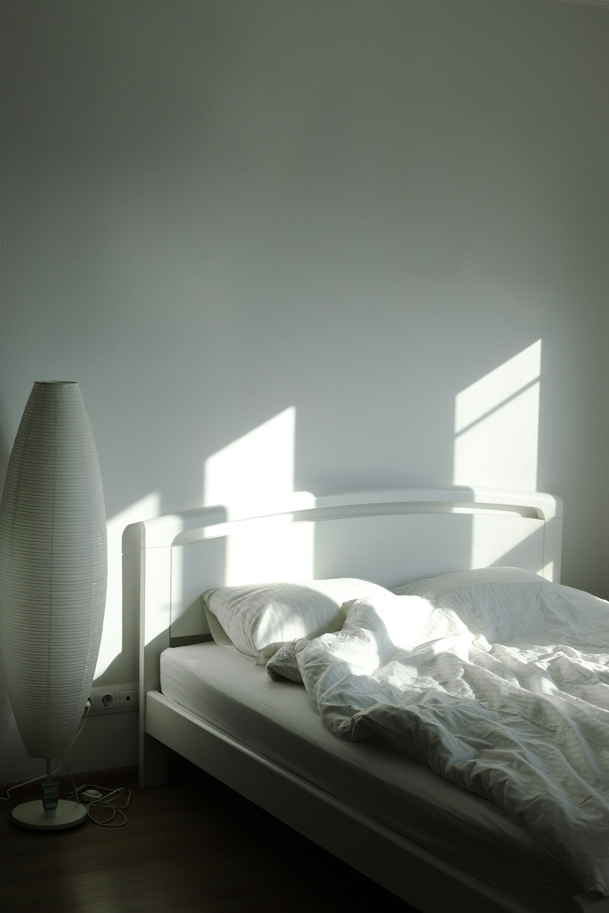 A bed and floor lamp bathed in morning sunlight