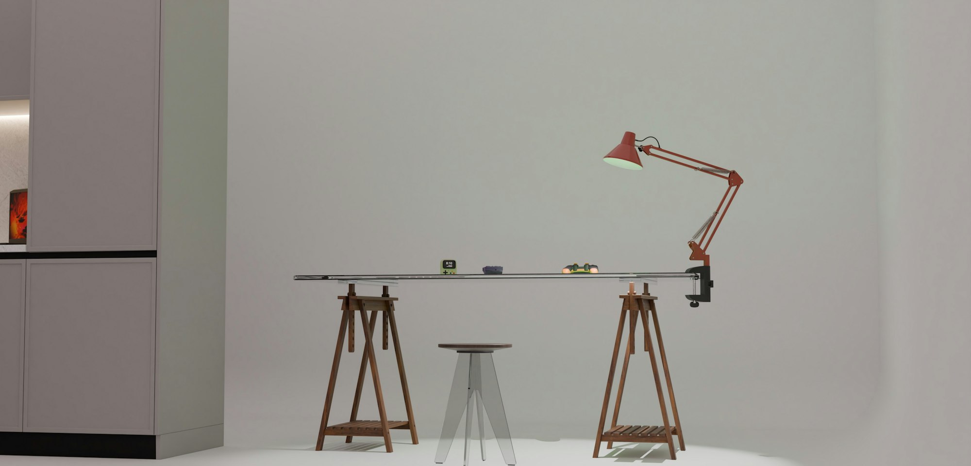 Minimalist room with a long table and red lamp